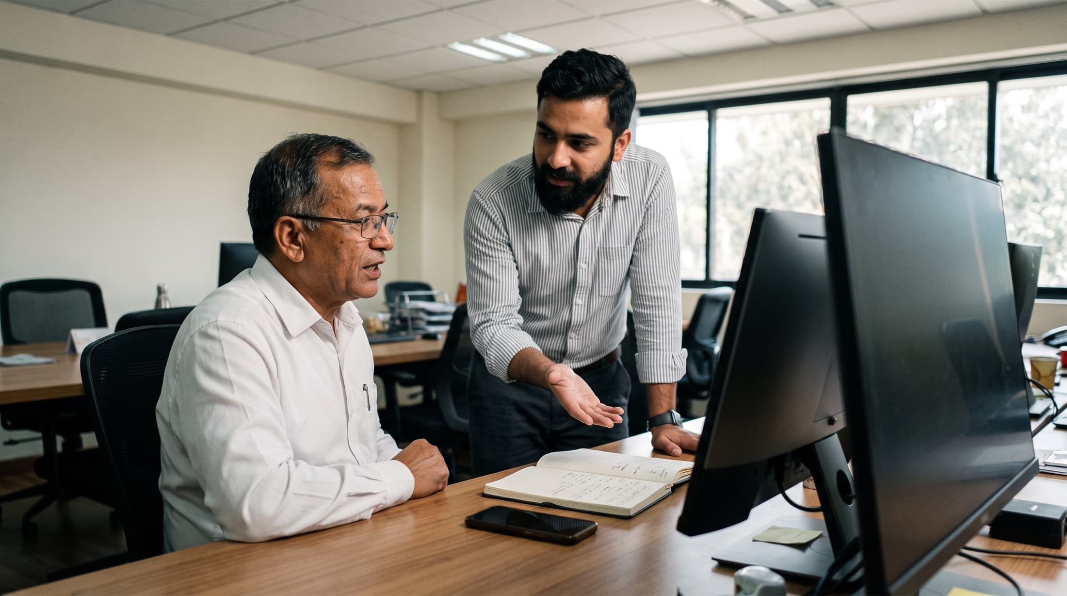 Two colleagues reviewing campaign performance together at a desk in a Kathmandu office.