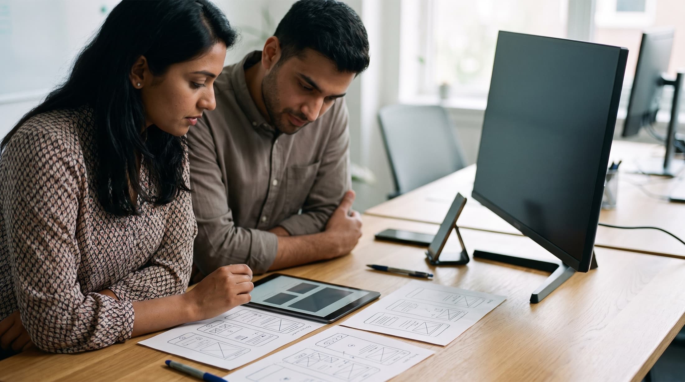 A designer and a developer working together over printed wireframe sketches, a tablet and a large monitor.